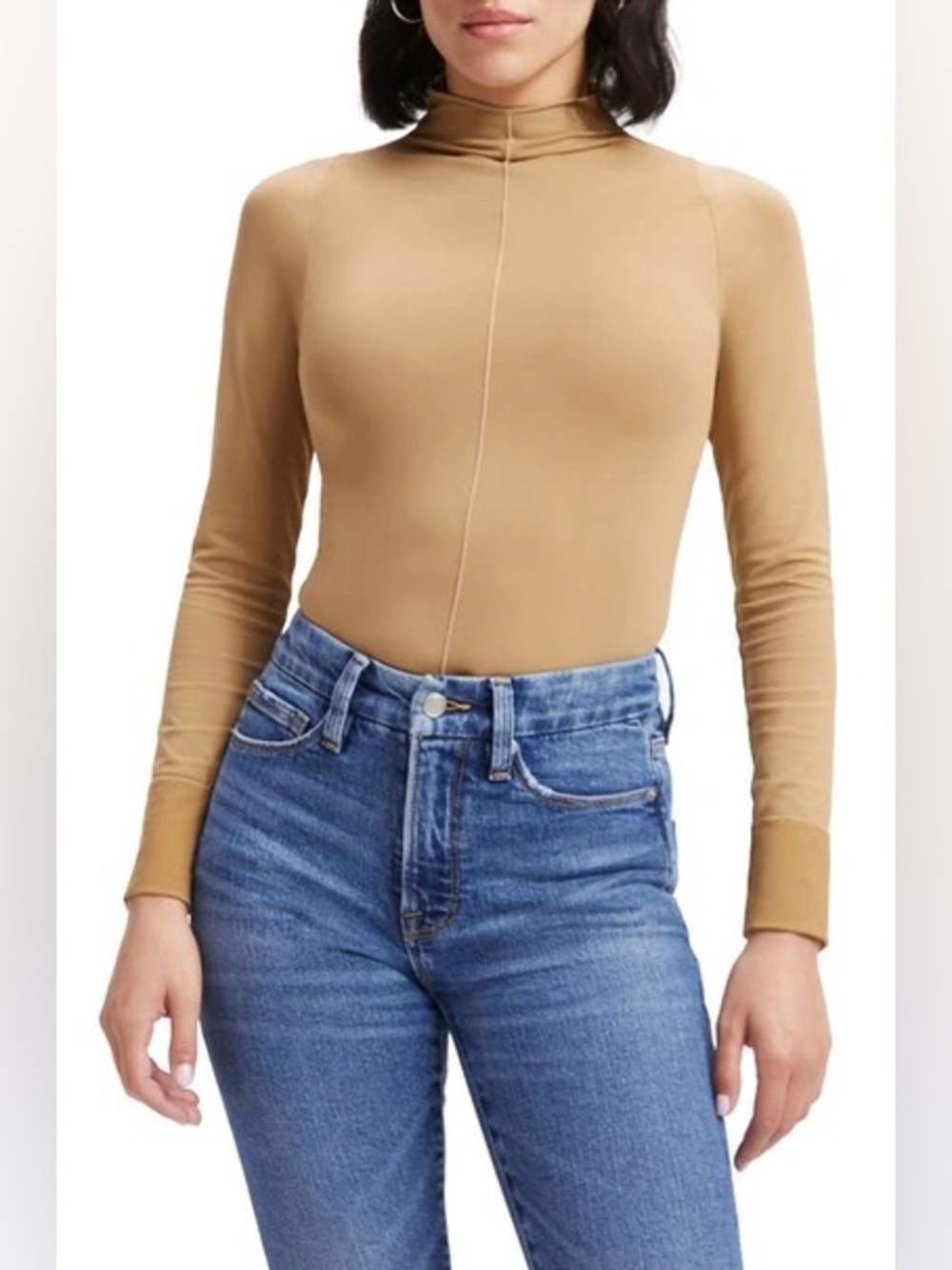 Good American Women's Soft Nylon Funnel Bodysuit Long Sleeve Pecan Size 5/6 2XL